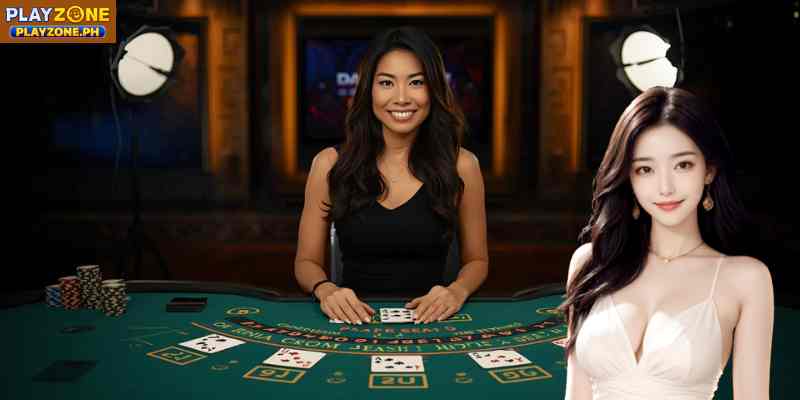 A professional dealer hosting a live blackjack session with multiple player spots and real-time streaming setup.