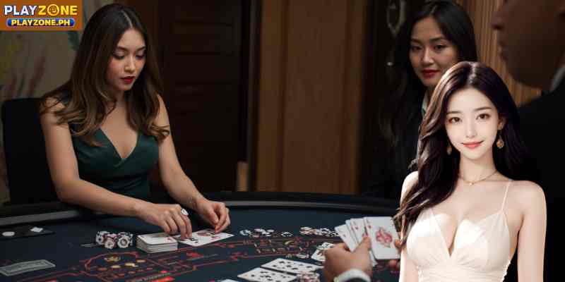 A live baccarat dealer revealing Player and Banker cards in a professional studio environment.